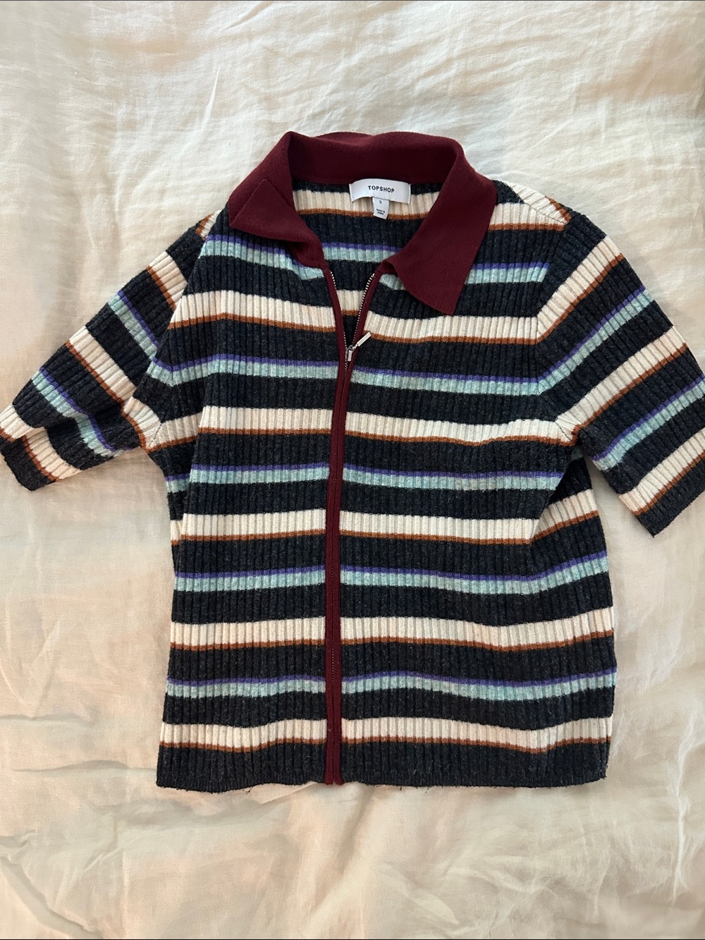 Topshop Striped Zip Polo Sweater - Black, Cream & Burgundy